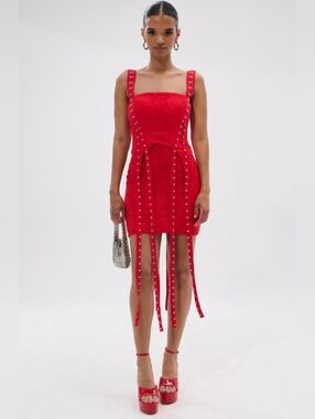 AKIRA Red Mini Dress with Studded Ribbon Detailing